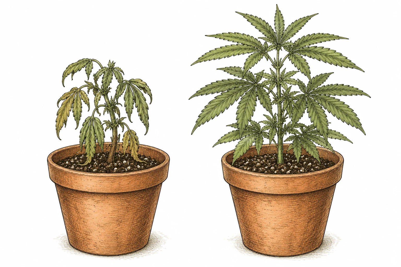Cannabis Pflanze nach fehlerhaftem vs. korrektem Umtopfen