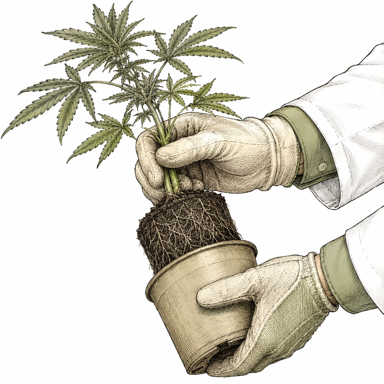 Cannabis Wurzelballen wird aus altem Topf herausgenommen
