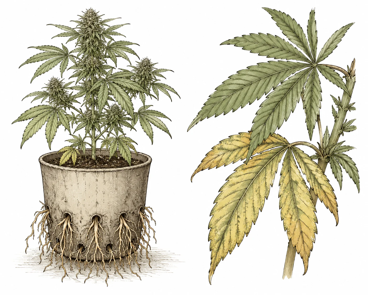 Cannabis Wurzeln wachsen aus Drainagelöchern, gelbe Blätter