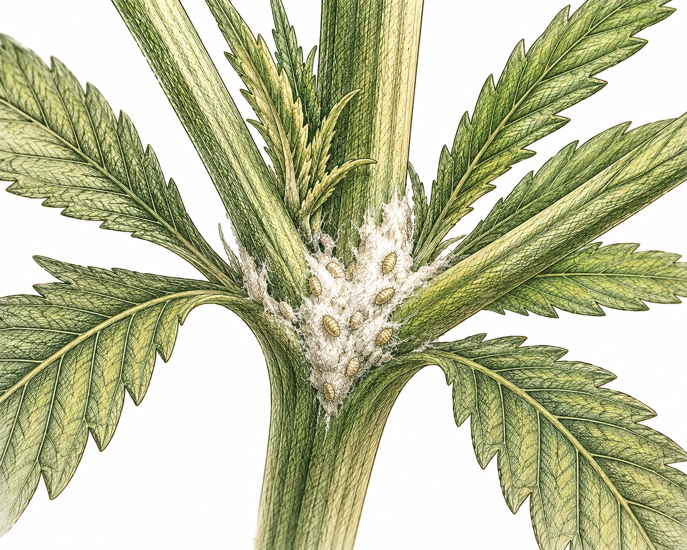Wollläuse Cannabis – watteartiger Belag an der Blattachsel