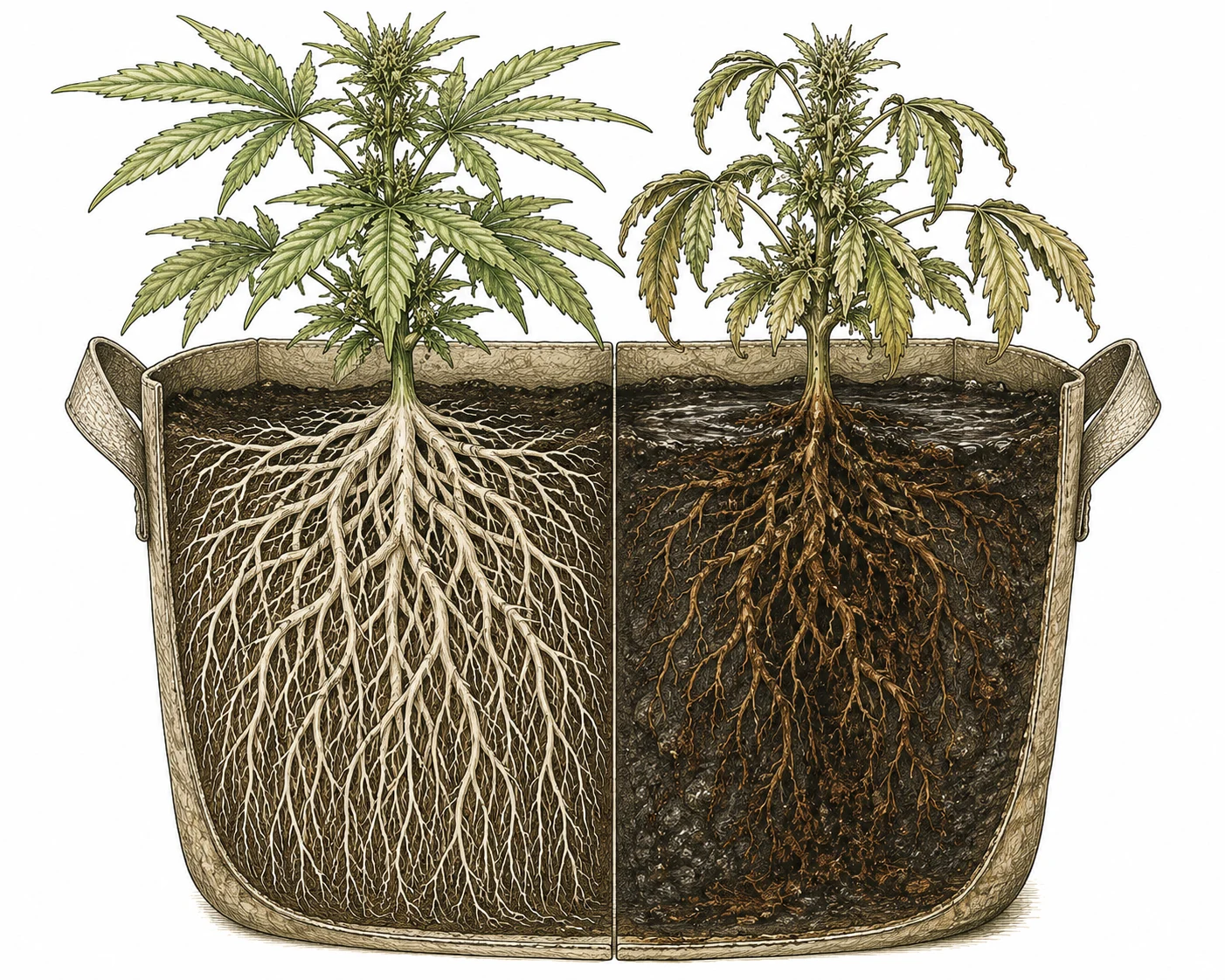 Cannabis Wurzelfäule im Querschnitt, gesunde vs. faule Wurzeln