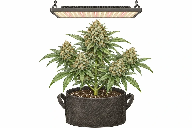 Kleine Autoflower mit kompakten, dichten Buds in der späten Blütephase unter LED
