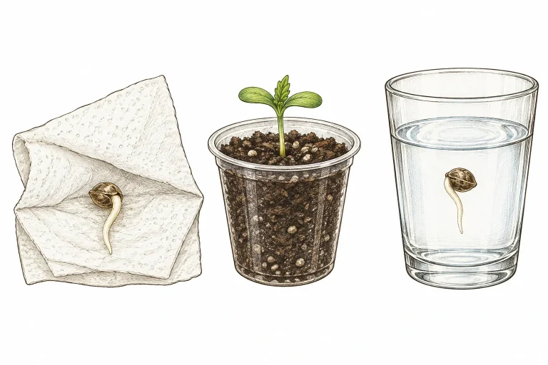 Cannabis Samen keimen mit Papiertuch, Erde und Wasserglas im Vergleich