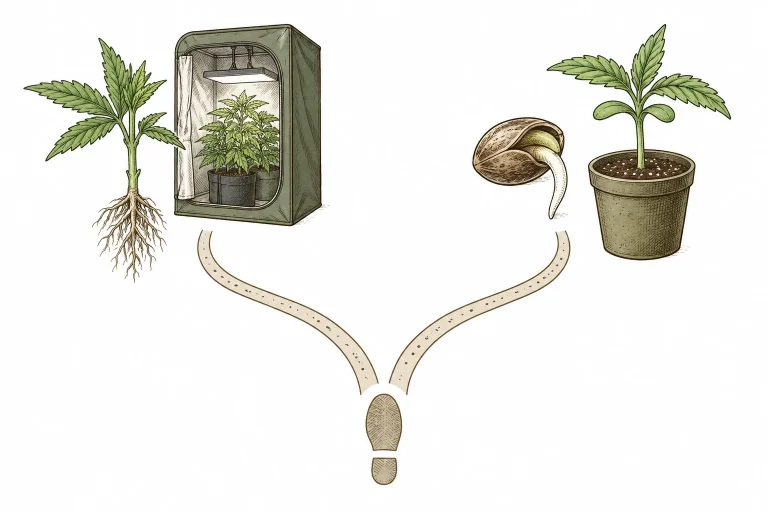 Entscheidungsweg Cannabis Steckling oder Samen als Icon-Illustration