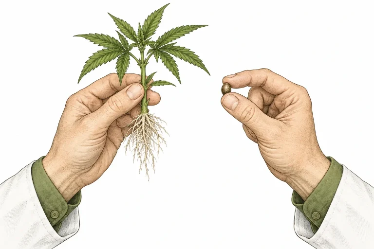 Cannabis Steckling und Samen gemeinsam in der Hand des Plantage Doc