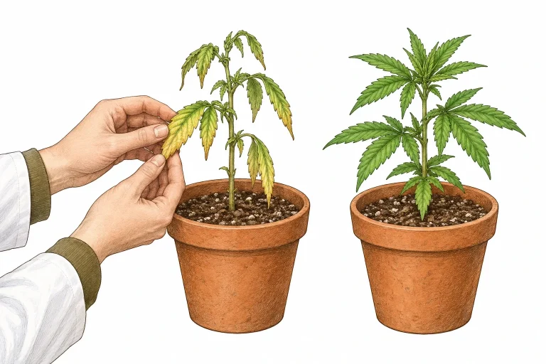 Cannabis Steckling mit gelben Blättern neben gesundem Sämling