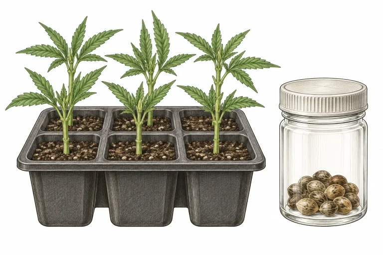 Cannabis Stecklinge in Anzuchtschale neben Glas mit Cannabis-Samen