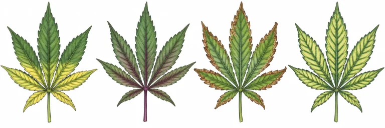 Cannabis NPK Tabelle Mangelerscheinungen Collage vier Blätter