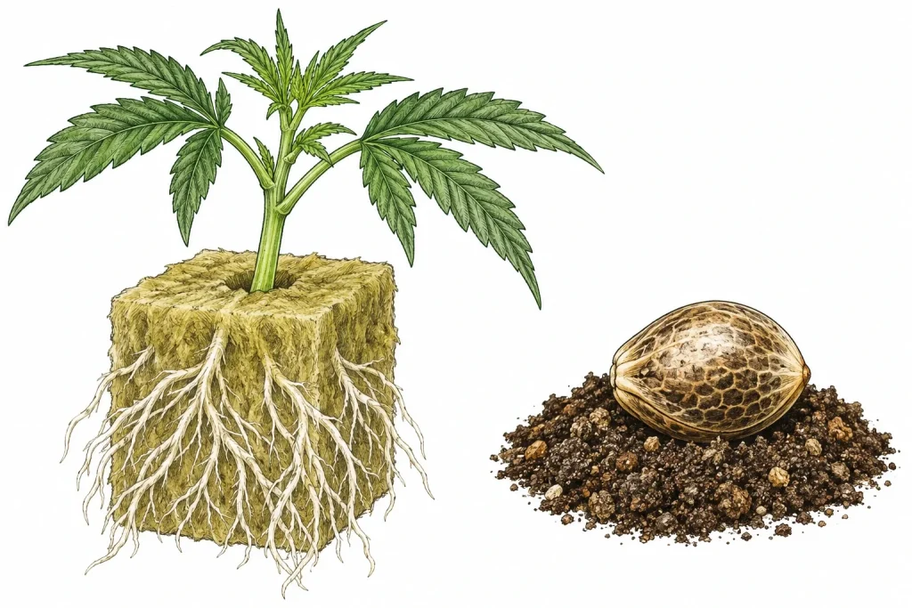 Steckling Cannabis neben einem Cannabis-Samen im direkten Vergleich